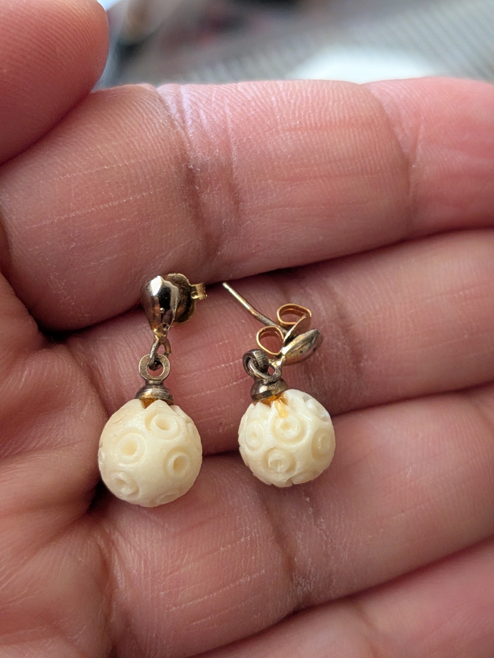 Ivory Carved Ball Drop Earrings - Gold Tone
